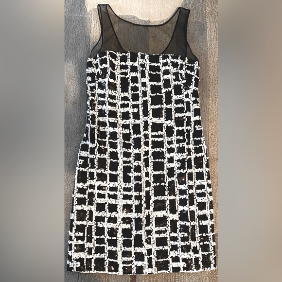 Aidan Mattox Sleeveless Winking Windowpane Sequined Sheath Dress Mesh Illusion - Picture 2 of 6